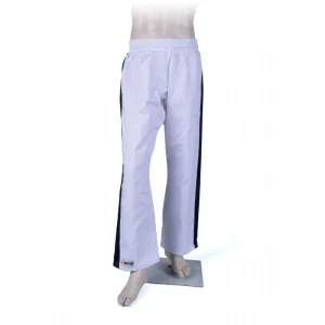 Pantalon Yoseikan Budo Noris Blanc Bandes Bleu Nuit Coton